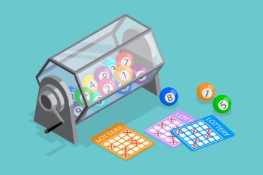 3B Isometric Düz Vektör Piyango Makinesinin Kavramsal İllüstrasyonu, Çekiliş Davulu