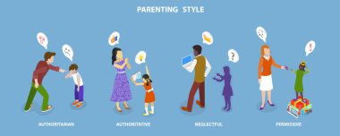 3D Isometric Flat Vector Conceptual Illustration of Parenting Styles, Different Children Raising Methods clipart