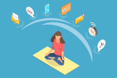 3B Isometric Dijital Detox, Stres Yönetimi, Meditasyon ve Gevşeme Düz Vektör İllüstrasyonu
