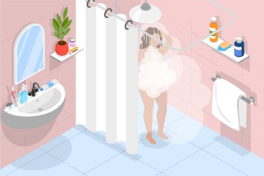 3D Isometric Düz Vektör İllüstrasyonu Günlük Hijyen Prosedürü, Banyo 'da Kadın Yıkama