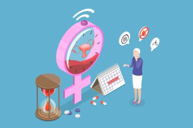 3D Isometric Flat Vector Illustration of Menopause Symptoms, Women Climacteric clipart