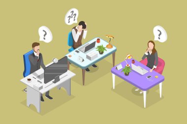 3D Isometric Düz Vektör Anksiyete İş Kişileri, Depresyon ve Hüsranın İllüstrasyonu