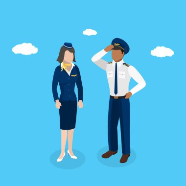 3D Isometric Flat Vektör seti Profesyonel Uçak Tayfası, Sivil Havacılık Personeli