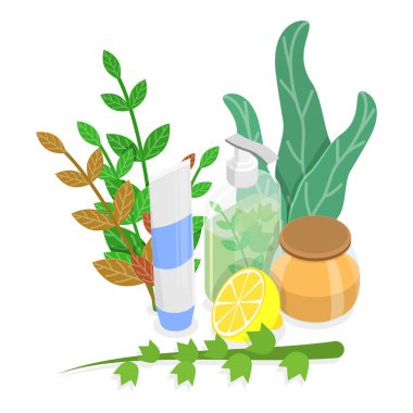 Vegan Kozmetik 'in 3D Isometric Düz Vektör İllüstrasyonu, Günlük Cilt Bakımı. Madde 2