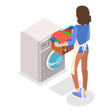 3D Isometric Flat Vector Ev İşleri, Oda Temizliği Faaliyetleri. Madde 5