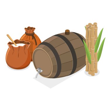 3D Isometric Flat Vector Set of Rum Products, Alkol İçeceği Üretimi. Madde 1