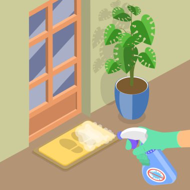 3 Boyutlu Isometric Düz Vektör Dezenfeksiyon Halısı, Temizleme Mat