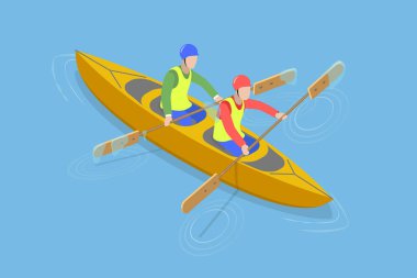 Rafting Spor Yarışmasının 3B Isometric Düz Vektör İllüstrasyonu, River Stream 'deki Aşırı Etkinlik