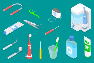3 Boyutlu Isometric Diş Temizleme Aletleri, Diş Sağlığı, Ağız Bakımı İllüstrasyonu