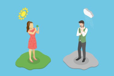 Şanslı ve Şanssız İnsanların 3 boyutlu Isometric Düz Vektör İlülasyonu, Mutsuz ve İyimser Kişilere Karşı Stresli