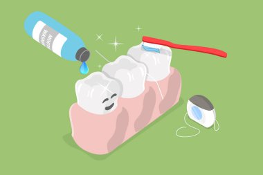 3 Boyutlu Isometric Diş Hijyeninin Dişçi Hijyenik Günlük Prosedürü İllüstrasyonu
