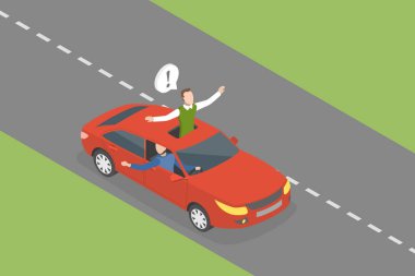 3 Boyutlu Isometric Düz Vektör Tehlikeli Araba Sürüşü, Sunroof 'tan sarkan Yolcu
