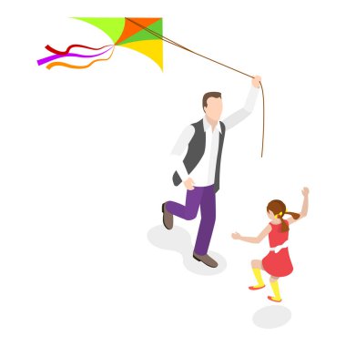 Baba ve Çocuk 'un Üç Boyutlu İsometrik Düz Vektör İllüstrasyonu, Baba ve Çocuk Boş Zaman Geçiriyor. Madde 1