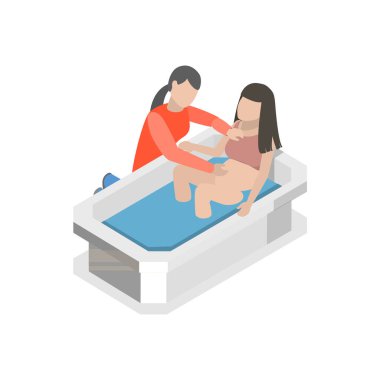 3 Boyutlu Isometric Doğum Pozisyonları Düz Vektör Seti, Doğumda Hamile Kadın. Madde 1