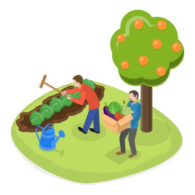 3D Isometric Flat Vector Tarım İşleri, Çiftlik İşçisi ve Çiftlik Hayvanları. Madde 1