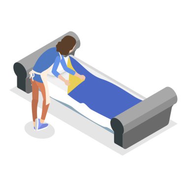 3D Isometric Flat Vector Ev İşleri, Oda Temizliği Faaliyetleri. Madde 2