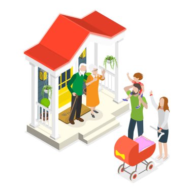 3D Isometric Flat Vlat Illustration of people leave home, Goodbye on house step. Madde 2