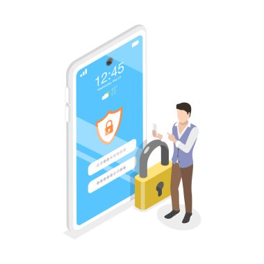 3 Boyutlu Isometric Biyometrik Tanımlama ve Doğrulama, Siber Güvenlik Teknolojileri Düz Vektör İllüstrasyonu. Madde 2