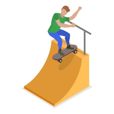 3D Isometric Paten Seti Düz Vektör İllüstrasyonu, Kaykay Süren Kaykaycılar Kaykay Pisti. Madde 2