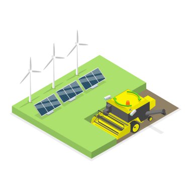 Sürdürülebilir Yaşam Tarzının 3D Isometric Düz Vektör İllüstrasyonu, Yeşil Elektrik, Gıda Üretimi ve Ulaşım. Madde 3