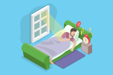 3 Boyutlu Isometric Sabah Stresinin Yasak Vektör İllüstrasyonu, Mutsuz İnsan Alarm Saatiyle Uyanışı