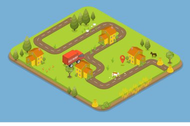 3D Isometric Düz Vektör Taşıma Servisi Kırsal Bölgede, Yaz Manzarası