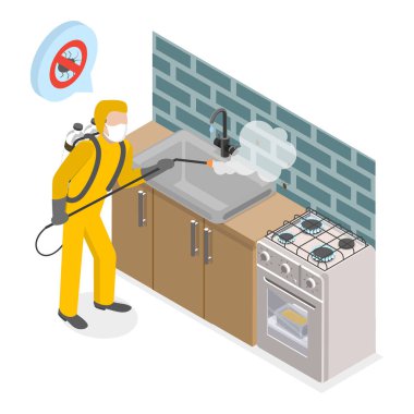 3 boyutlu Isometric Flat Vektör Haşere Kontrol Servisi, Ev Hijyen Dezenfeksiyonu. Madde 1