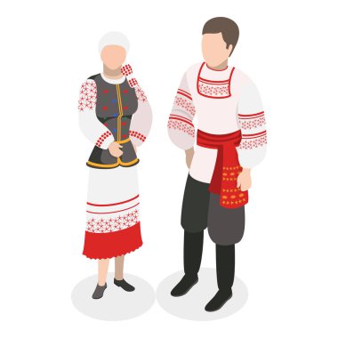 3D Isometric Flat Vector Set of Europeam Tradition Clothes, Belarus, Ukrayna, Çek Cumhuriyeti, Polonya. Madde 1