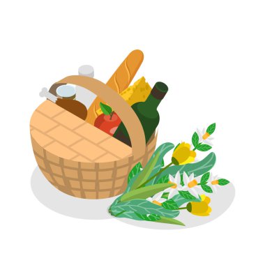 3 Boyutlu Isometric Piknik Sepetleri Düz Vektör Seti, Wicker Sandıkları 'nda Yemek. Madde 1