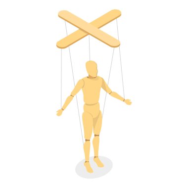 3 Boyutlu Isometric Tahta Marionettes Düz Vektör Seti, İpteki Kukla. Madde 4