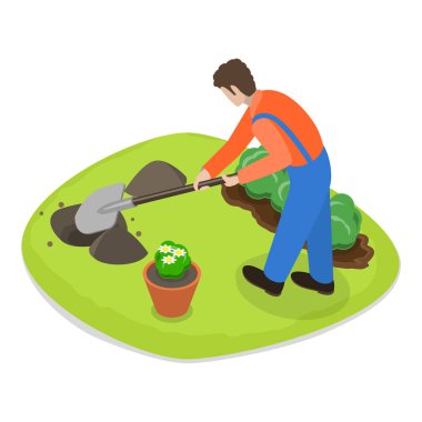 Bahçe Peyzaj İşçisinin 3D Isometric Düz Vektör İllüstrasyonu, Arka Bahçe Peyzajı. Madde 1