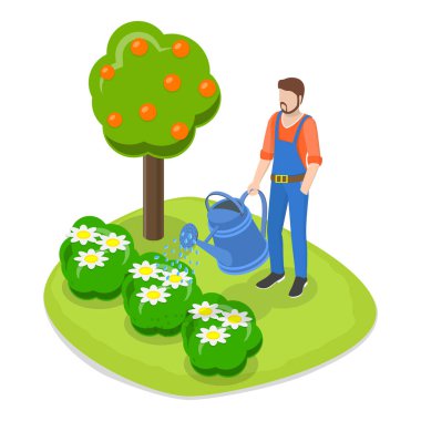 Bahçe Peyzaj İşçisinin 3D Isometric Düz Vektör İllüstrasyonu, Arka Bahçe Peyzajı. Madde 2