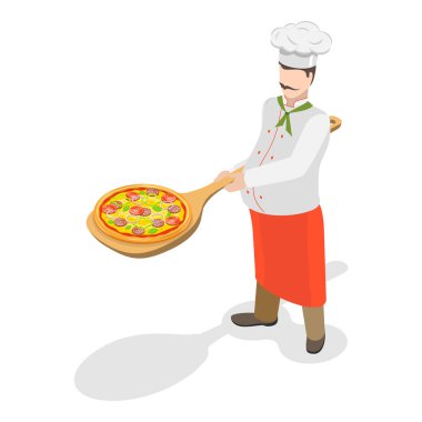 3D Isometric Düz Vektör Illustration of Italian Chef, taze pişmiş pizza. Madde 1