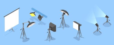 Fotoğraf Stüdyosu Malzemeleri, Fotoğrafçı Araçları 3B Isometric Düz Vektör Kümesi