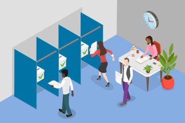 3D Isometric Düz Vektör Siyasi Seçim, Sandık Merkezi