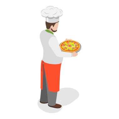 3D Isometric Düz Vektör Illustration of Italian Chef, taze pişmiş pizza. Madde 2