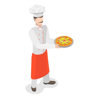 3D Isometric Düz Vektör Illustration of Italian Chef, taze pişmiş pizza. Madde 3