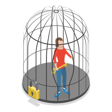 3 Boyutlu Isometric Zihin Hapisanesinin Düz Vektör İllüstrasyonu, Bir Kuş Kafesine Kapalı. Madde 2