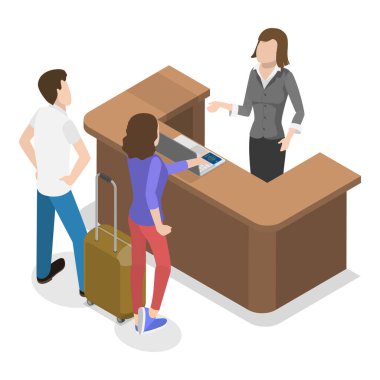 Otel Müşteri Hizmetleri, Misafirperver İşçilerin 3D Isometric Flat Vector Illustration 'ı. Madde 3