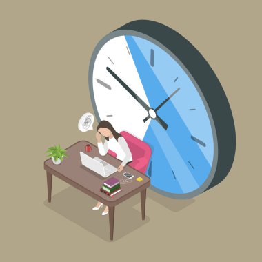 ADHD, Akıl Sağlığı ve Psikolojiyle Mücadele Eden Kızın 3D Isometric Düz Vektör İllüstrasyonu