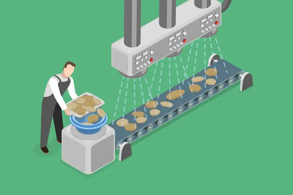 Ilustración Plana Isométrica Del Proceso Fabricación Patatas Fritas Línea Montaje — Vector de stock