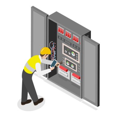 3 boyutlu Isometric Flat Vektör Elektrik Teslimatı, Elektrik İşçileri. Madde 1