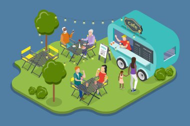 Sokak Gıda Restoranı 'nın 3D Isometric Flat Vlat İllüstrasyonu, Yaz Eğlencesi Partisi