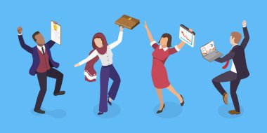 3D Isometric Flat Vektör Mutlu İş Adamları, Çalışanların İş yerinde Eğlenmesi