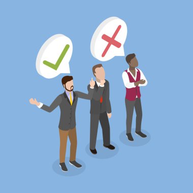 3 Boyutlu Isometric Düz Vektör Artılar ve Eksilerin İllüstrasyonu, Fikir Çakışması