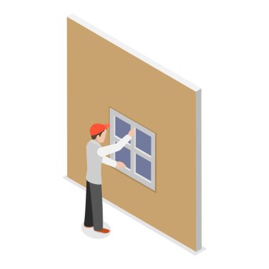 3D Isometric Flat Vlat Illustration of Windows Installing, İnşaat Endüstrisi. Madde 1