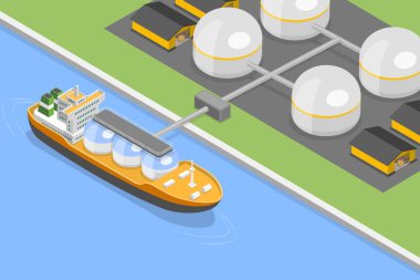 LNG Taşıyıcı Gemi, Petrol ve Gaz Taşımacılığının 3B Isometric Düz Vektör İllüstrasyonu