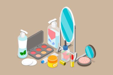 3 Boyutlu Isometric Kozmetik Ürünleri, Kozmetik Ürünleri ve Makyaj Aksesuarları
