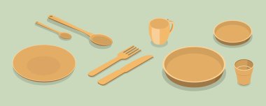 3D Isometric Düz Vektör Set Çevre dostu yemek takımı, sürdürülebilir ahşap çatal bıçak ve tabaklar