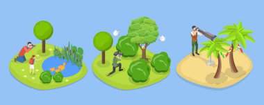 3D Isometric Flat Vlat Ornitoloji İllüstrasyonu, Kuş İzleme Hobisi, Açık Hava Etkinliği